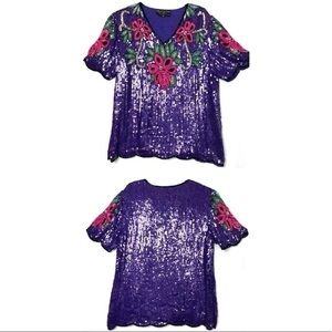 Vintage Sequin Beaded Purple Iridescent Scallop Hem 80's Glam Short Sleeve Top